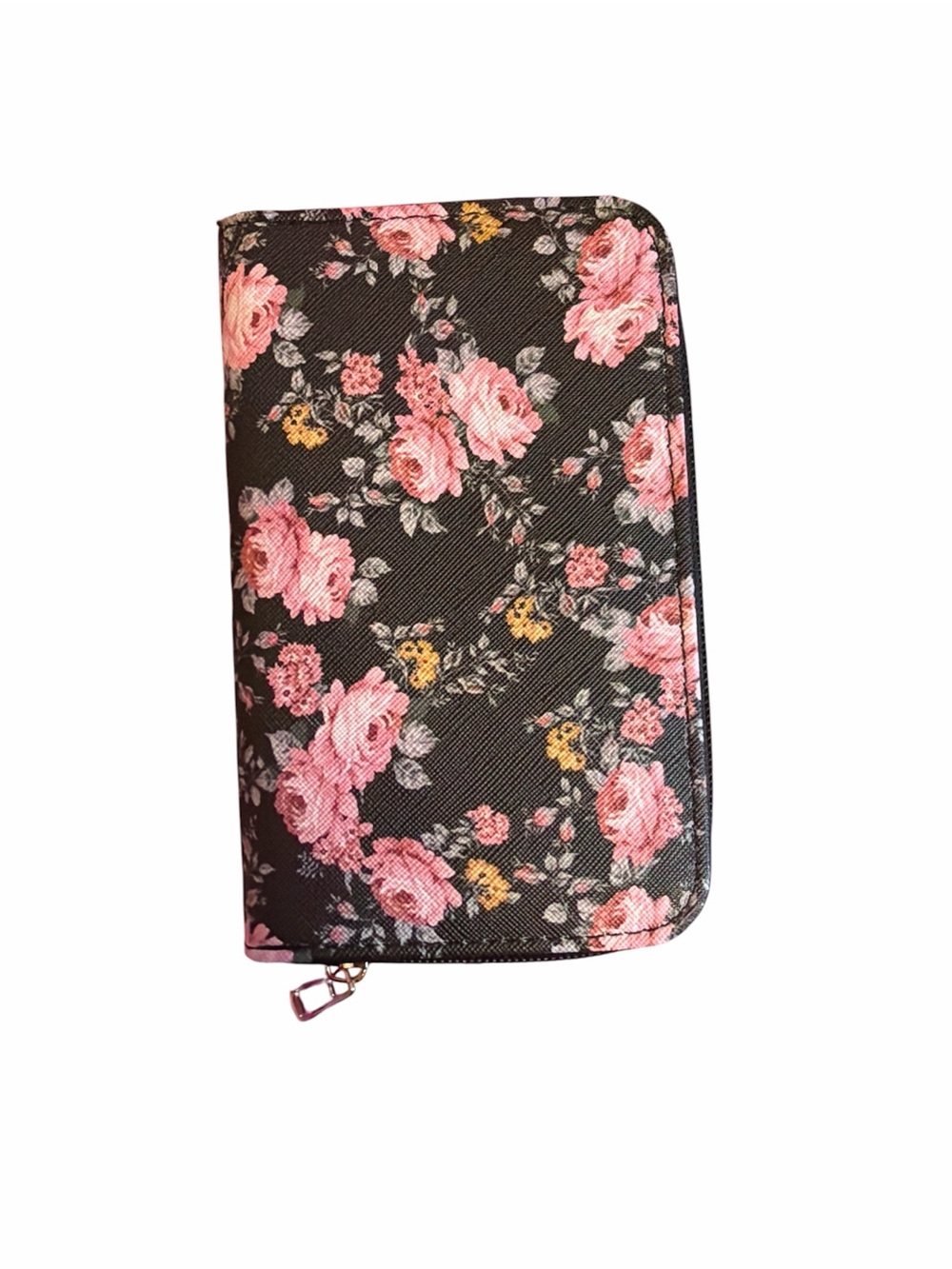Floral Zip-Around Wallet - Pink on Black